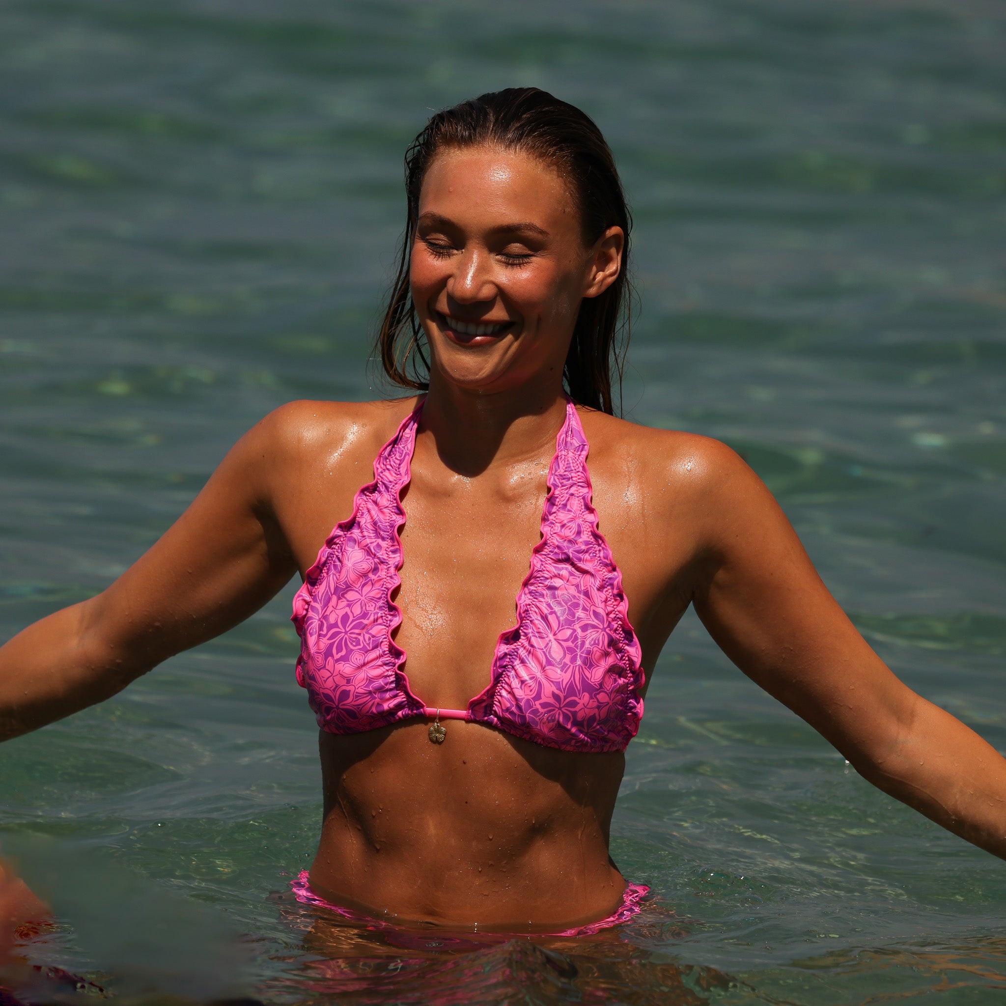 Alternative view of Lettuce Edge Halter Bikini Top - Bubble Berry